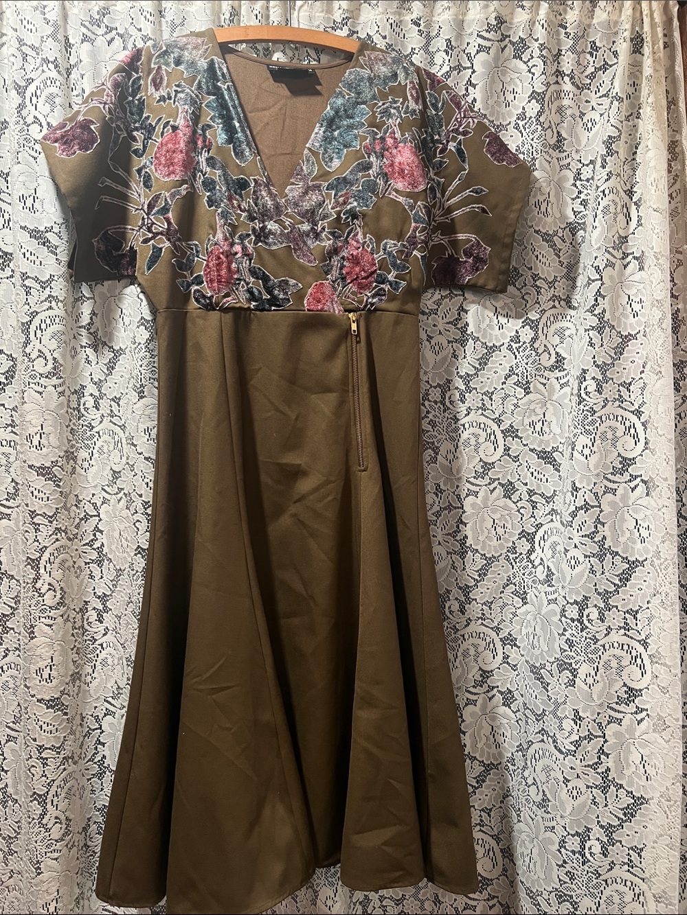 HEMANT & NANDITA Olive Midi Dress with Pink and Purple Floral Embroidery Size 6